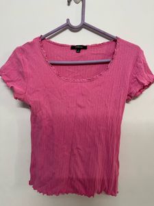 Pink Ribbed Frill-Sleeve Top