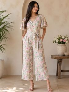 Floral Jumpsuit with Flutter Sleeves