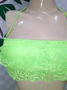 (300)Neon Green Lace Ruffle Bralette Top