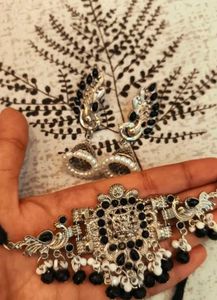 New Oxidized Silver Peacock Choker Set