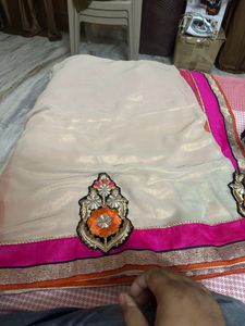 Vibrant Pink &amp; White Designer Saree with Embroider