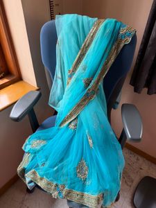 Designer Shaded Blue Net Saree