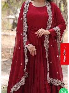 Elegant Red Tiered Gown with Embellished Dupatta