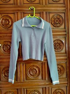 Blue Cropped Polo Knit Top