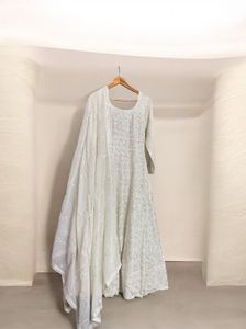 White Party Wear Anarkali Gown &amp; Dupatta