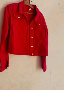 Vibrant Red Cropped Denim Jacket