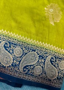 pure dola silk soft mehedi green with peacock Blue