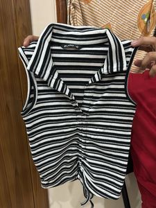 Striped Sleeveless Collared Top