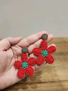 Red Beaded Flower Dangle Earrings