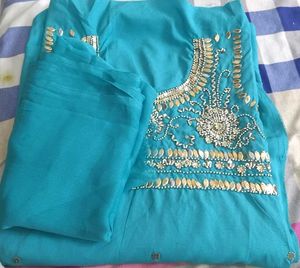 Elegant Blue dress material with Pearl Embellishme