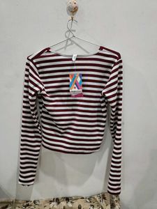 Maroon &amp; White Striped V-Neck Top..M size