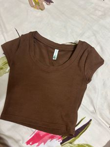 Brown Ribbed Cropped Top