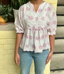 White Embroidered Peplum Crop Top