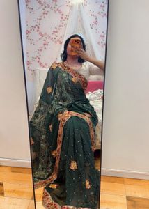 Designer Embellished Green Saree