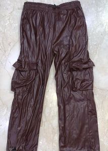 Brown Faux Leather Cargo Pants
