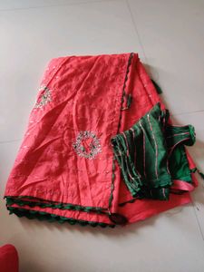 Beautiful Coral Saree with Green Blouse Piece