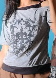 Grey Graphic Print Off-Shoulder Top