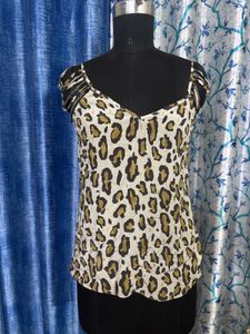 Chic Leopard Print Spaghetti Strap Top 100% silk