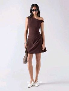 Chic One-Shoulder Ruched Brown Dress