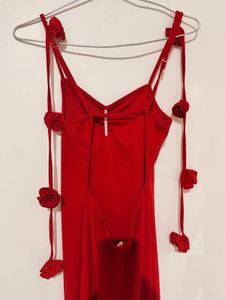 Red Maxi Dress with Rose Detail