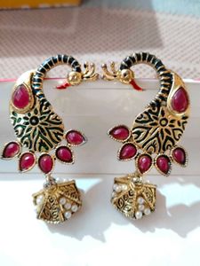 Peacock Design Earrings with Red Stones