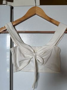 Cream Ribbed Tie-Front Crop Top