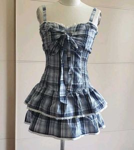 y2k Blue Plaid Tiered Dress with Bow