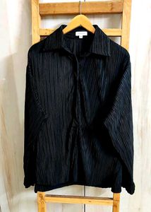 Chic Black Pleated Button-Up Shirt size-56