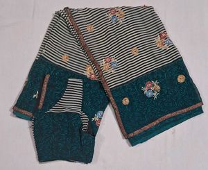 Elegant Striped Saree with Floral Embroidery