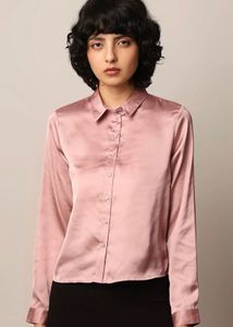 Women solid champagne peach opaque satin shirt
