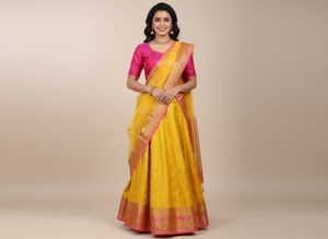 1-TimeUsed Elegant YellowLehengaWith PinkBorder+Bl