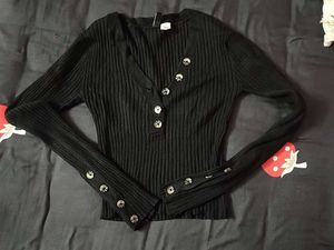 Black Ribbed Button-Up Top