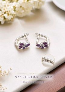 92.5silver Hoops Purple Flower Earrings