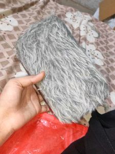 Gray Faux Fur Cosmetic Pouch
