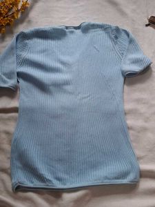Baby Blue Ribbed V-Neck Top
