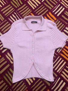 Cute Pink Ribbed Collared Crop Top