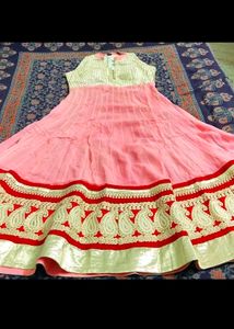 Georgette Peach &Golden Long Kurta, Sleeveless, Em