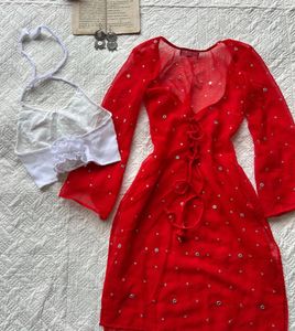 SHEER Red Kurti with White halter Neck Blouse
