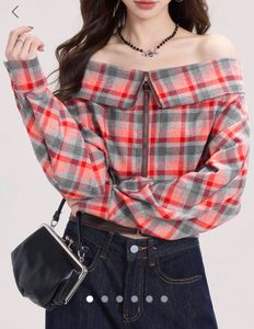 Savana Plaid Off-Shoulder Zip-Up Top