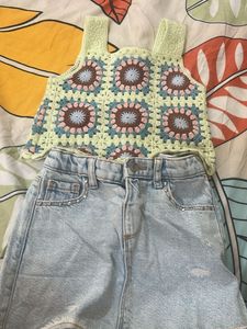 Light Wash Denim Mini Skirt and crochet top