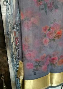 Elegant Floral Grey Saree with Tassels
