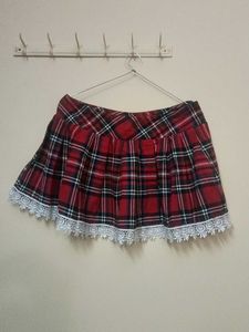 Red Plaid Mini Skirt with Lace Trim and top