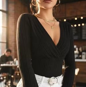Black Ribbed Long Sleeve Wrap Top