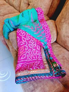 Bandhani Saree - Pink & Teal