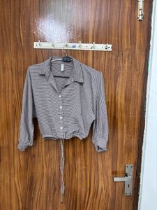 Cropped Button-Up Shirt with Drawstring
