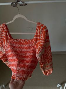 Orange Floral Smocked Crop Top w puff sleeves