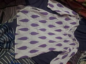 White Kurta with Purple Leaf Print