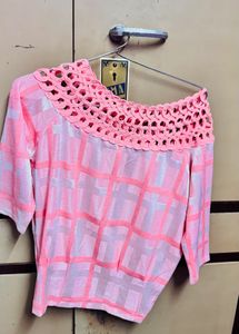 Pink Checkered Top with Crochet Neckline
