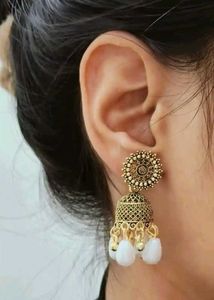 Boho Jhumka Earrings with White Beads