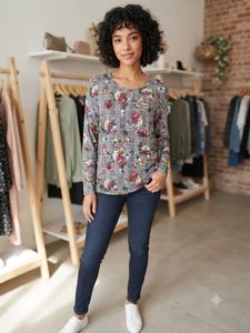 Grey Floral Print Long Sleeve Top